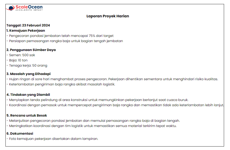 Laporan progress proyek harian